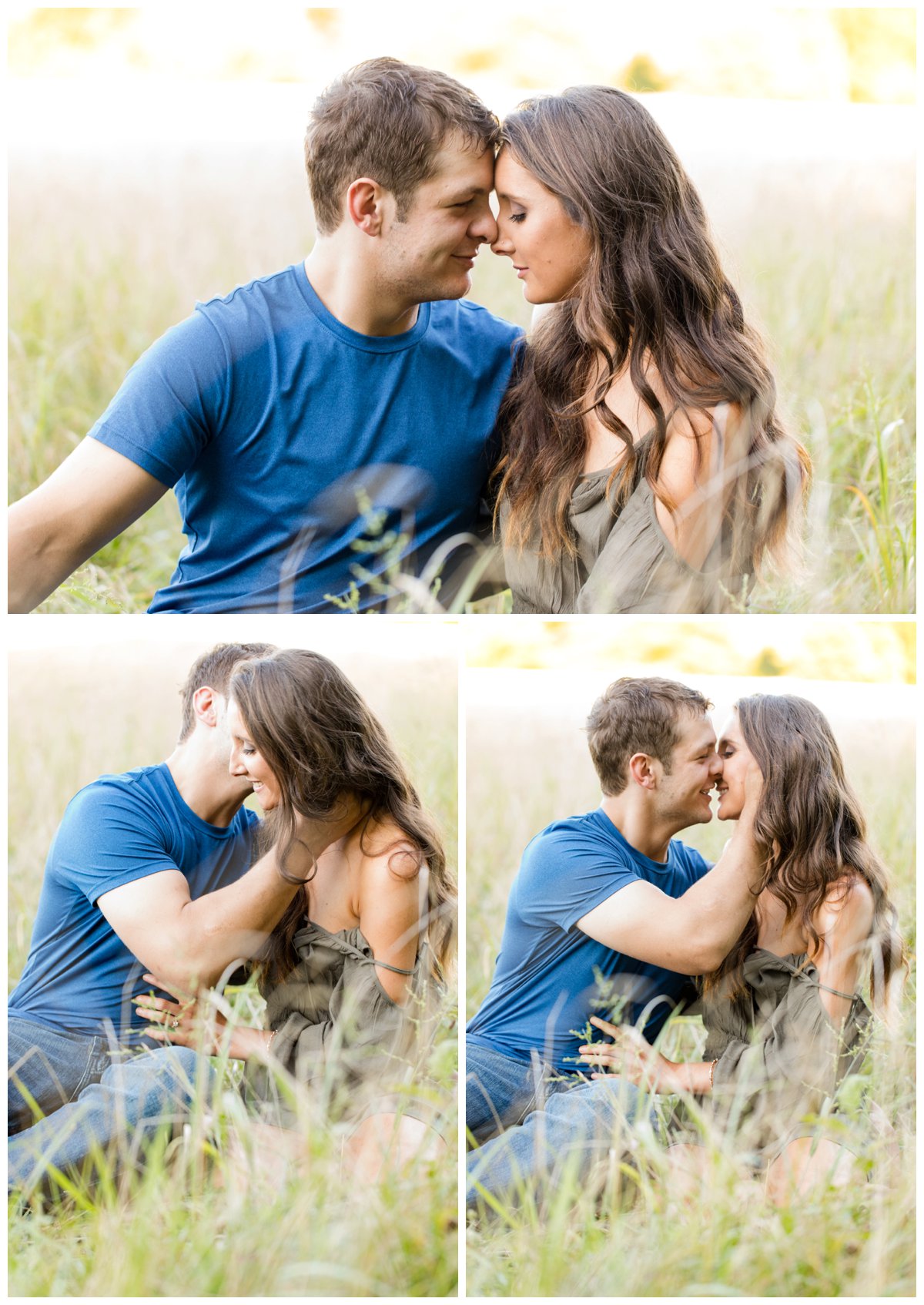 Jerusalem Mills Bohemian Engagement Photography sitting in the tall grass in a field while kissing. 