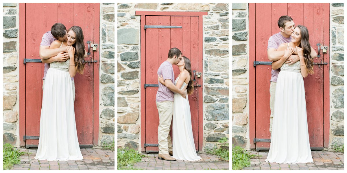 Jerusalem Mills Bohemian Engagement Photography in a white dress against a red barn door.