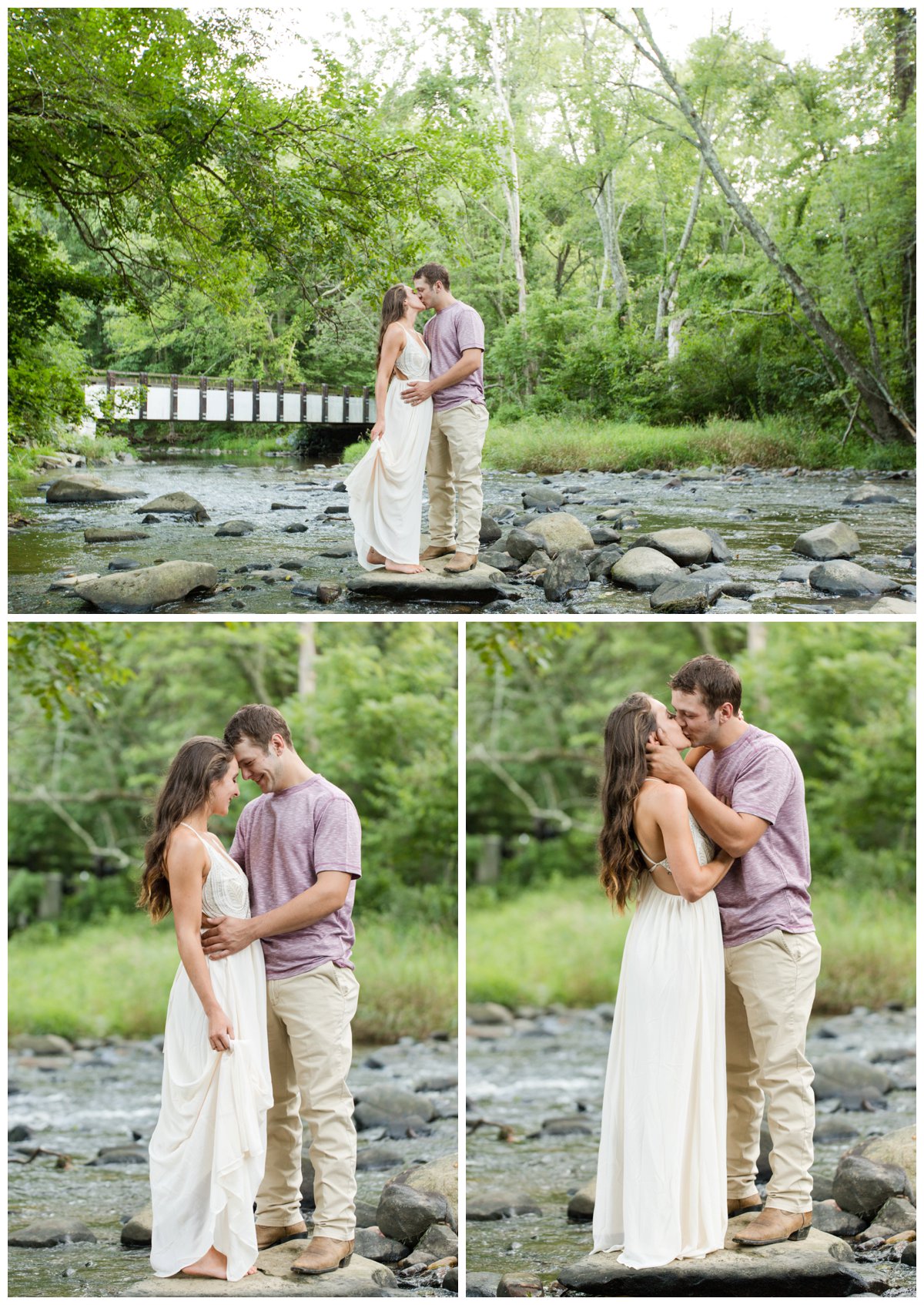 Jerusalem Mills Bohemian Engagement Photography in a stream in a white dress while kissing