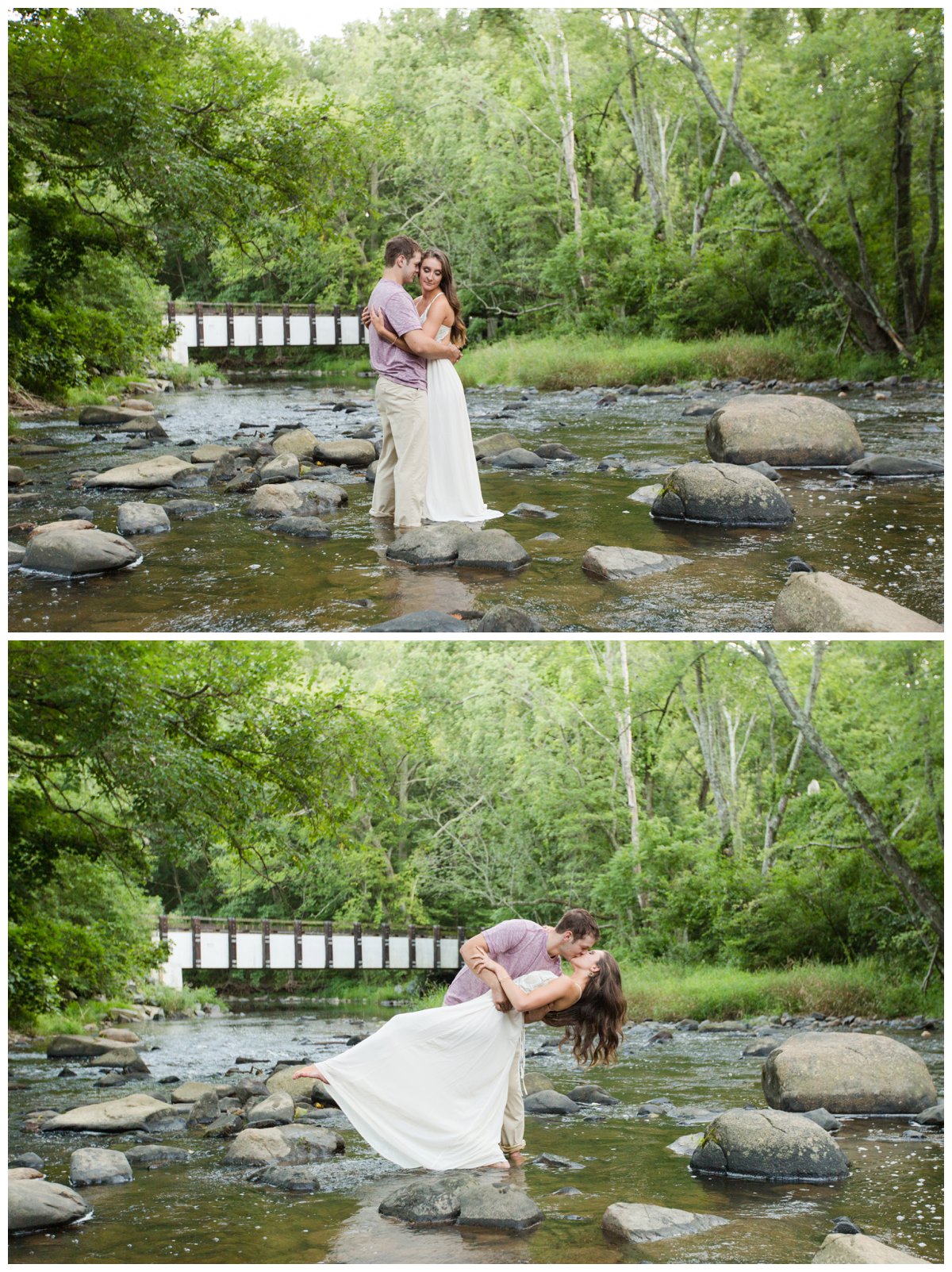 Jerusalem Mills Bohemian Engagement Photography in a stream in a white dress. He is dipping her and kissing her.