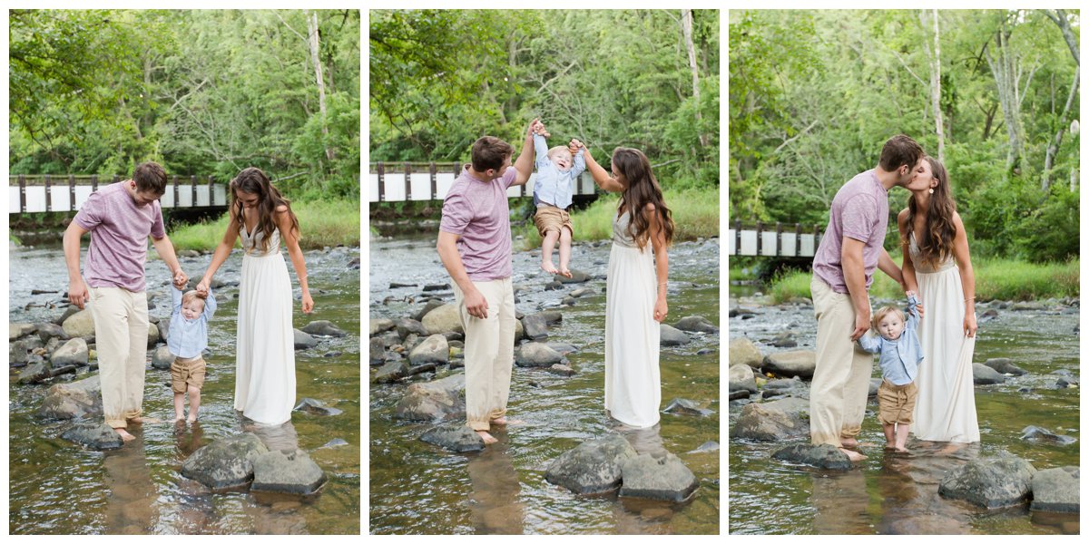 Jerusalem Mills Bohemian Engagement Photography in a stream with their son in a white dress.