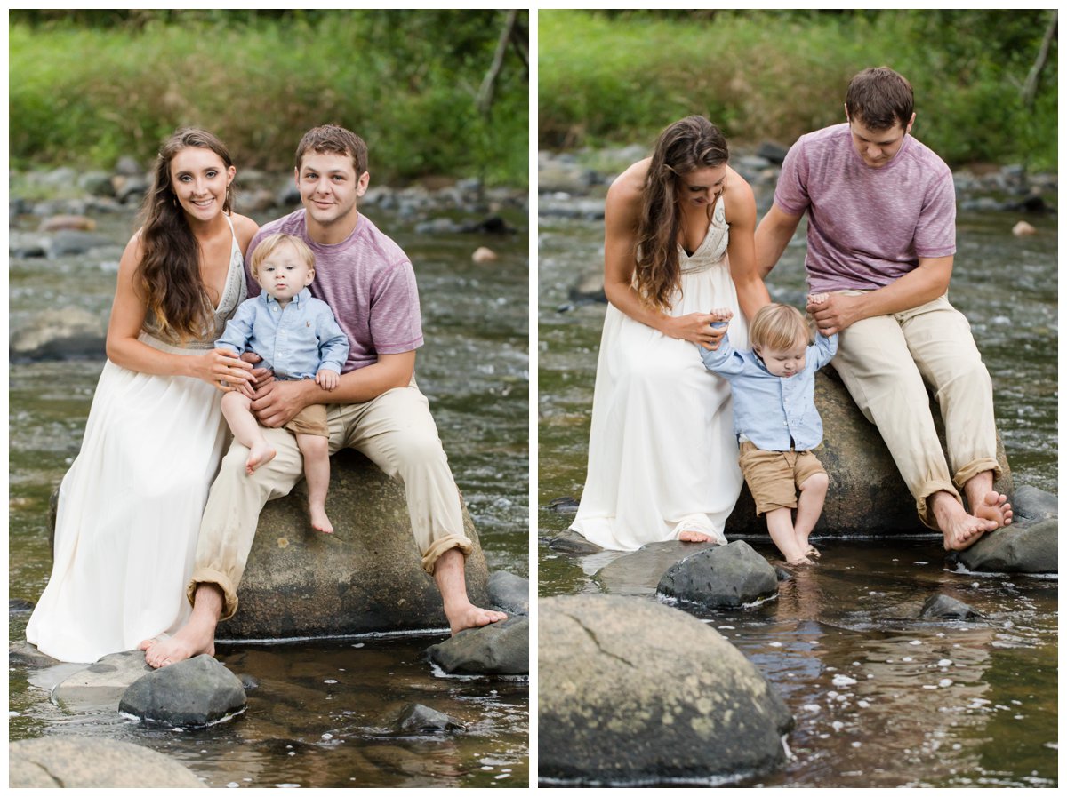 Jerusalem Mills Bohemian Engagement Photography in a stream with their son in a white dress.