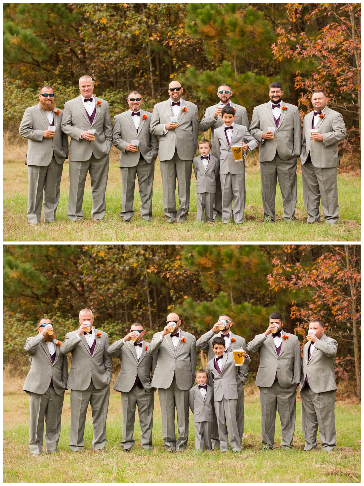 Groomsmen drinking beer while junior groomsmen holds the pitcher