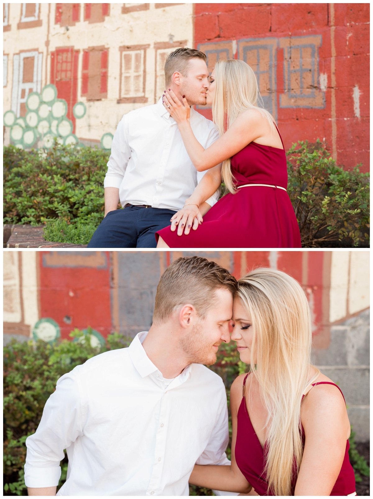 Ellicott City Engagement Photo by train bridge. Old Ellicott City. Sitting by the mural.