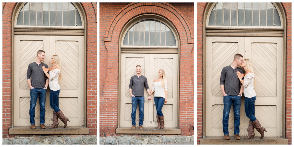 Ellicott City Engagement Photo by train bridge. Old Ellicott City. Brick wall by the train station