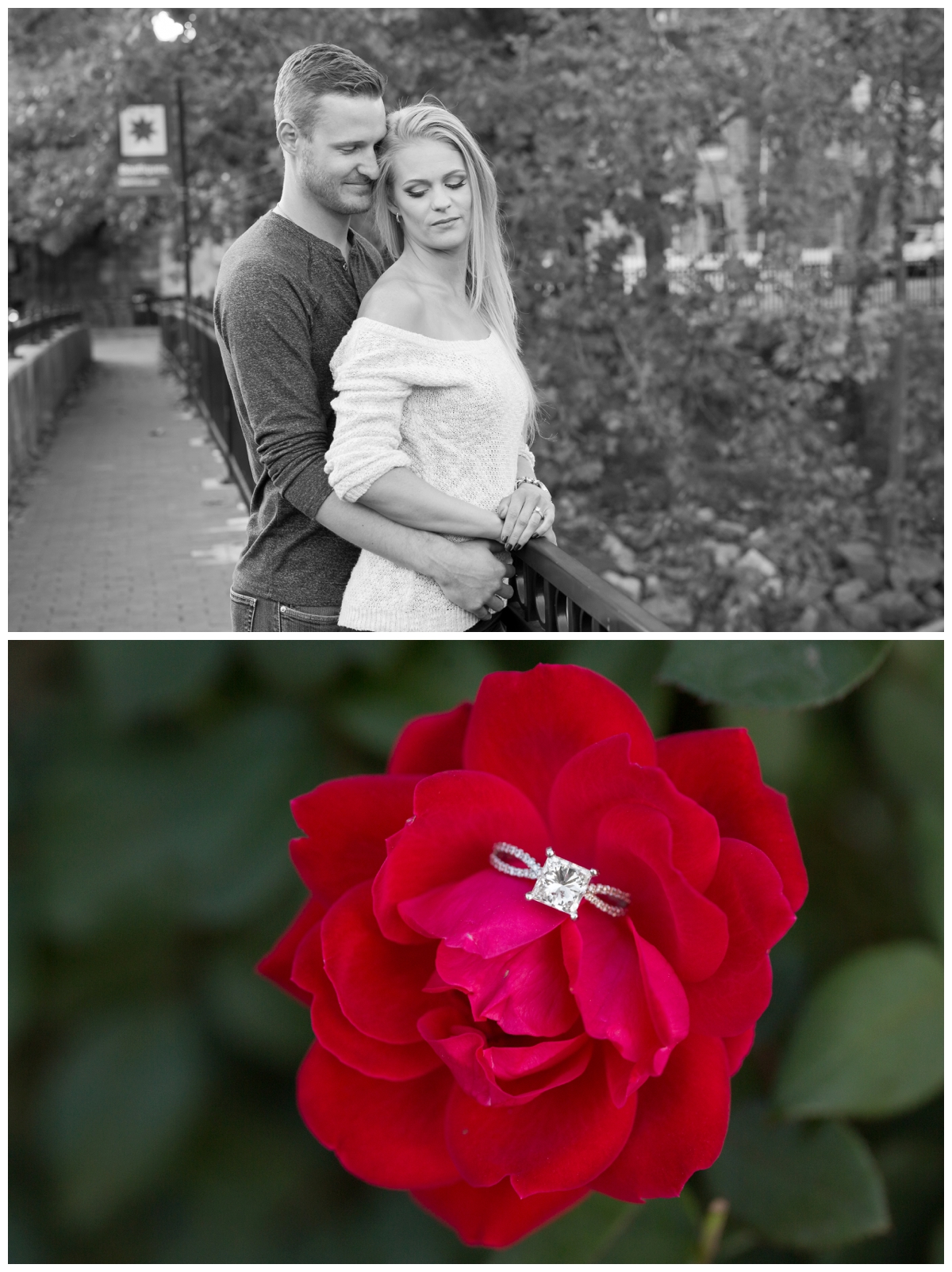 Ellicott City Engagement Photo by train bridge. Old Ellicott City. Engagement ring on pink flower.