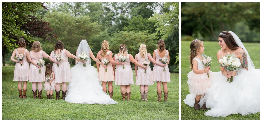 Flower girl with the bride. Bridal party posing in dusty rose bridesmaid dresses and rose bouquets. Bridesman with bouquet. Maryland wedding at Circle D Farm in Woodbine. Maryland Wedding Photographer