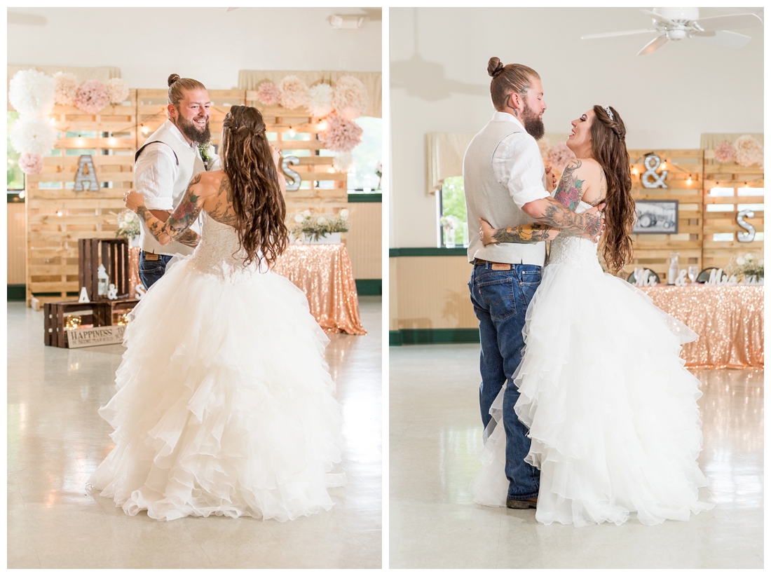  Bride and groom's first danceReception details and decor. Rustic wedding decor. Rose gold wedding decor. Maryland wedding at Circle D Farm in Woodbine. Maryland Wedding Photographer.