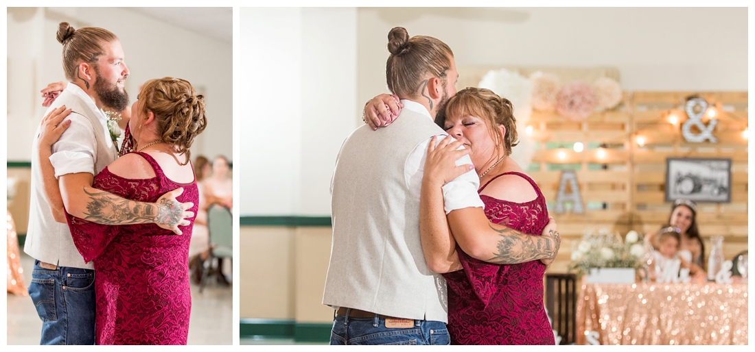 Mother Son dance. Reception details and decor. Rustic wedding decor. Rose gold wedding decor. Maryland wedding at Circle D Farm in Woodbine. Maryland Wedding Photographer.