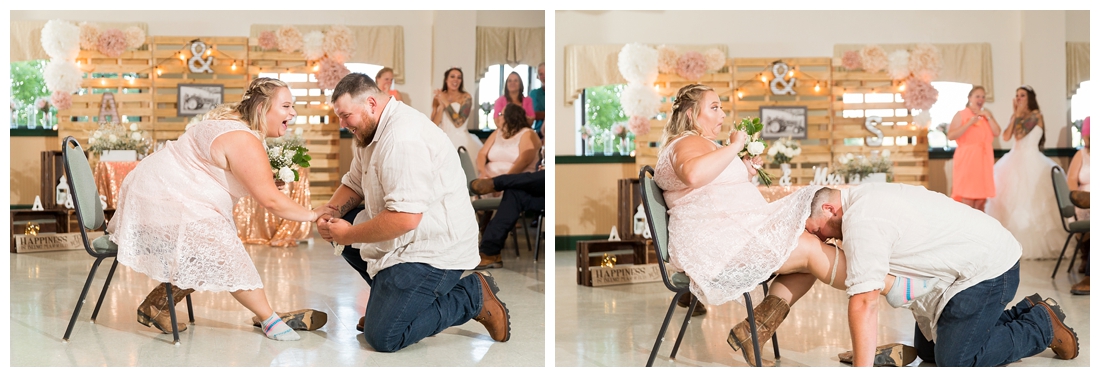 Wedding guests whom caught the bouquet and garter. Man puts garter on woman. Reception details and decor. Rustic wedding decor. Rose gold wedding decor. Maryland wedding at Circle D Farm in Woodbine. Maryland Wedding Photographer.