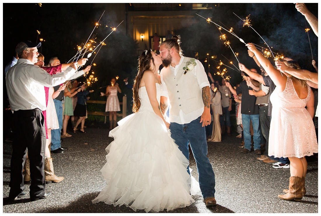 Sparkler send off at the end of the wedding. Bride and groom kissing under sparklers. Wedding night photo on a farm. Reception details and decor. Rustic wedding decor. Rose gold wedding decor. Maryland wedding at Circle D Farm in Woodbine. Maryland Wedding Photographer.