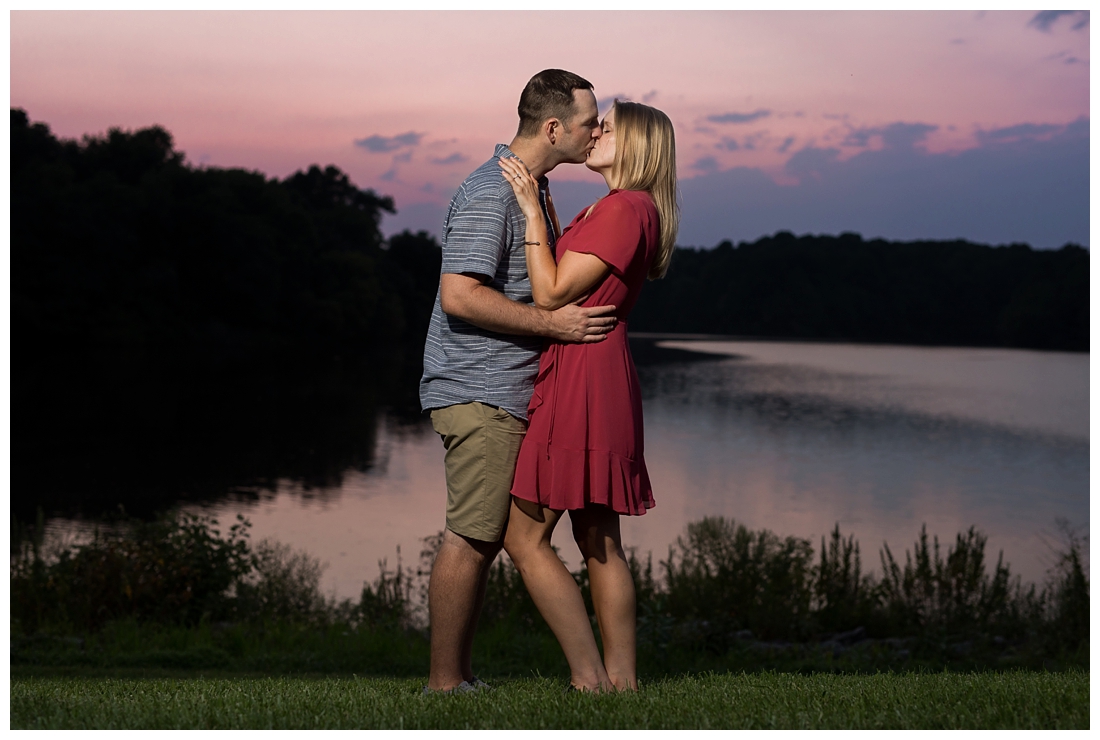 Columbia Maryland Couple's Centennial Park Engagement Photos with their dog Harvey. Sunset Engagement Photo