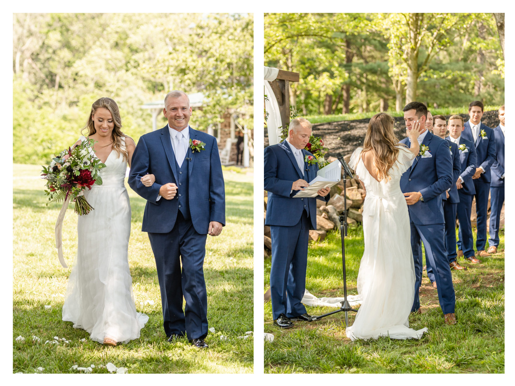 Summer wedding at a private residence farm in Westminster Carroll County Maryland. Cicadas, cows and dogs at the wedding. Pond view ceremony