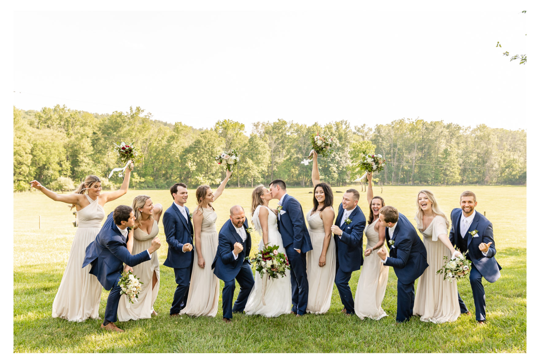 Summer wedding at a private residence farm in Westminster Carroll County Maryland. Cicadas, cows and dogs at the wedding. Pond view bridal party wedding party