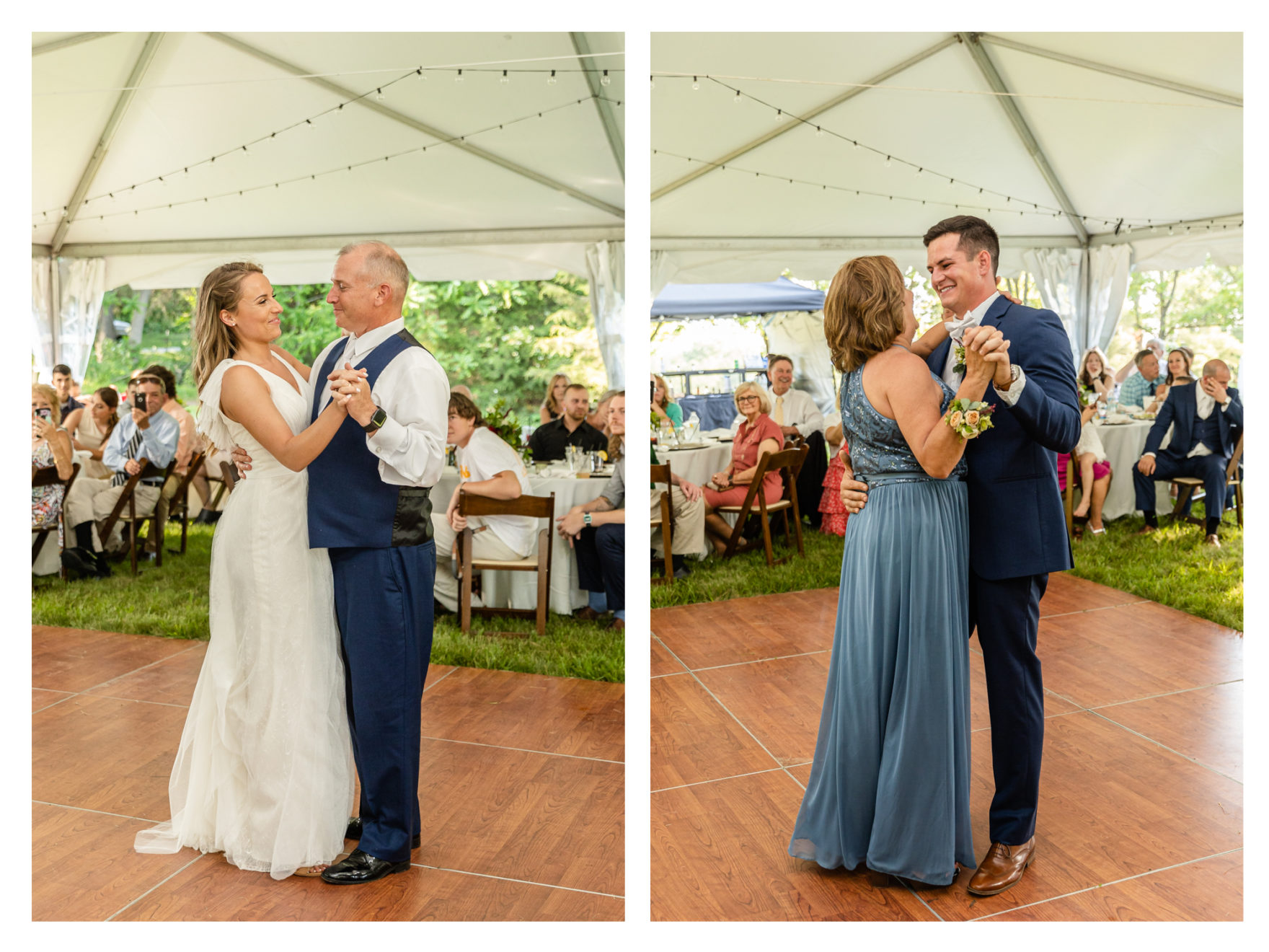 Summer wedding at a private residence farm in Westminster Carroll County Maryland. Cicadas, cows and dogs at the wedding. Pond view reception tent