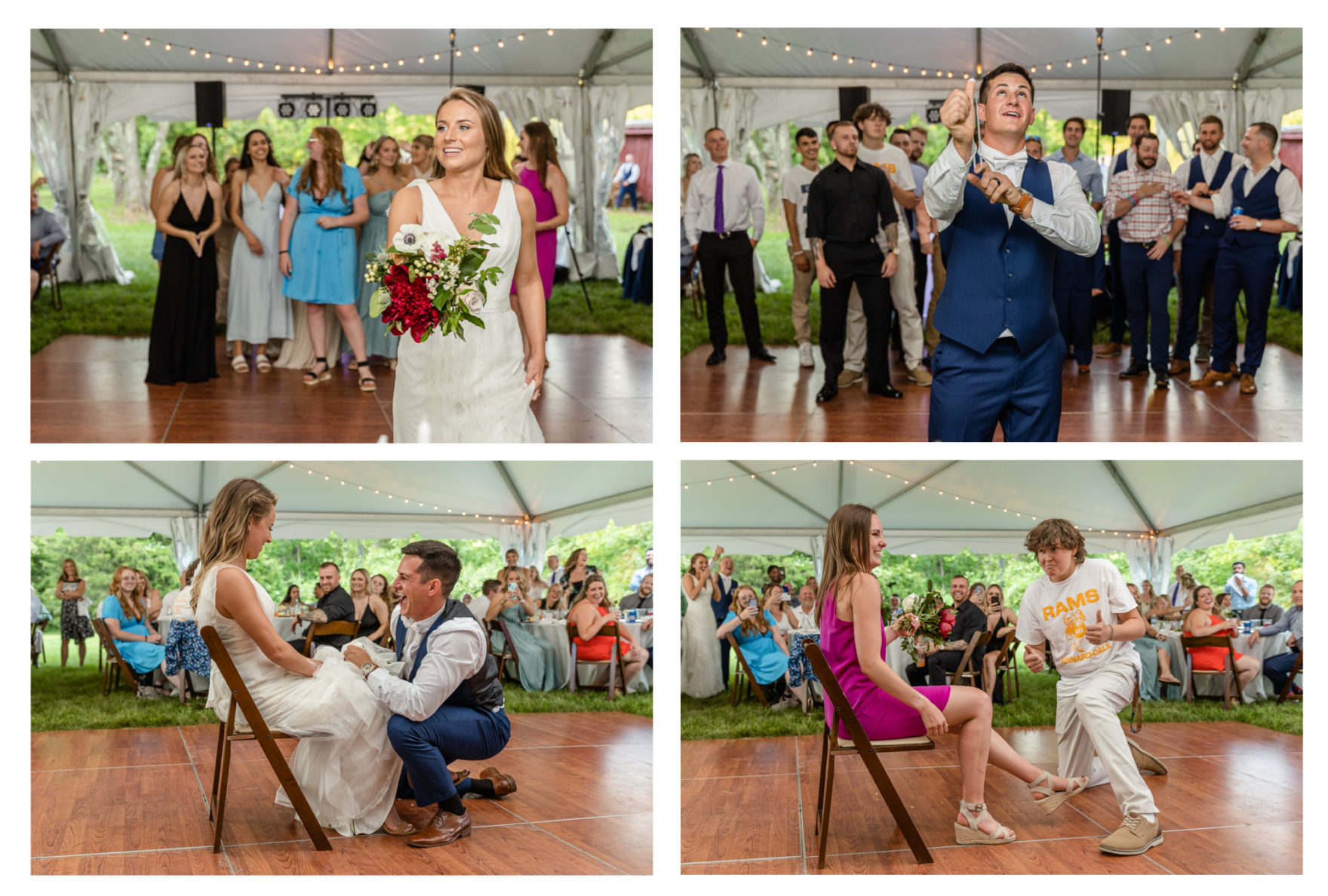 Summer wedding at a private residence farm in Westminster Carroll County Maryland. Cicadas, cows and dogs at the wedding. Pond view reception 