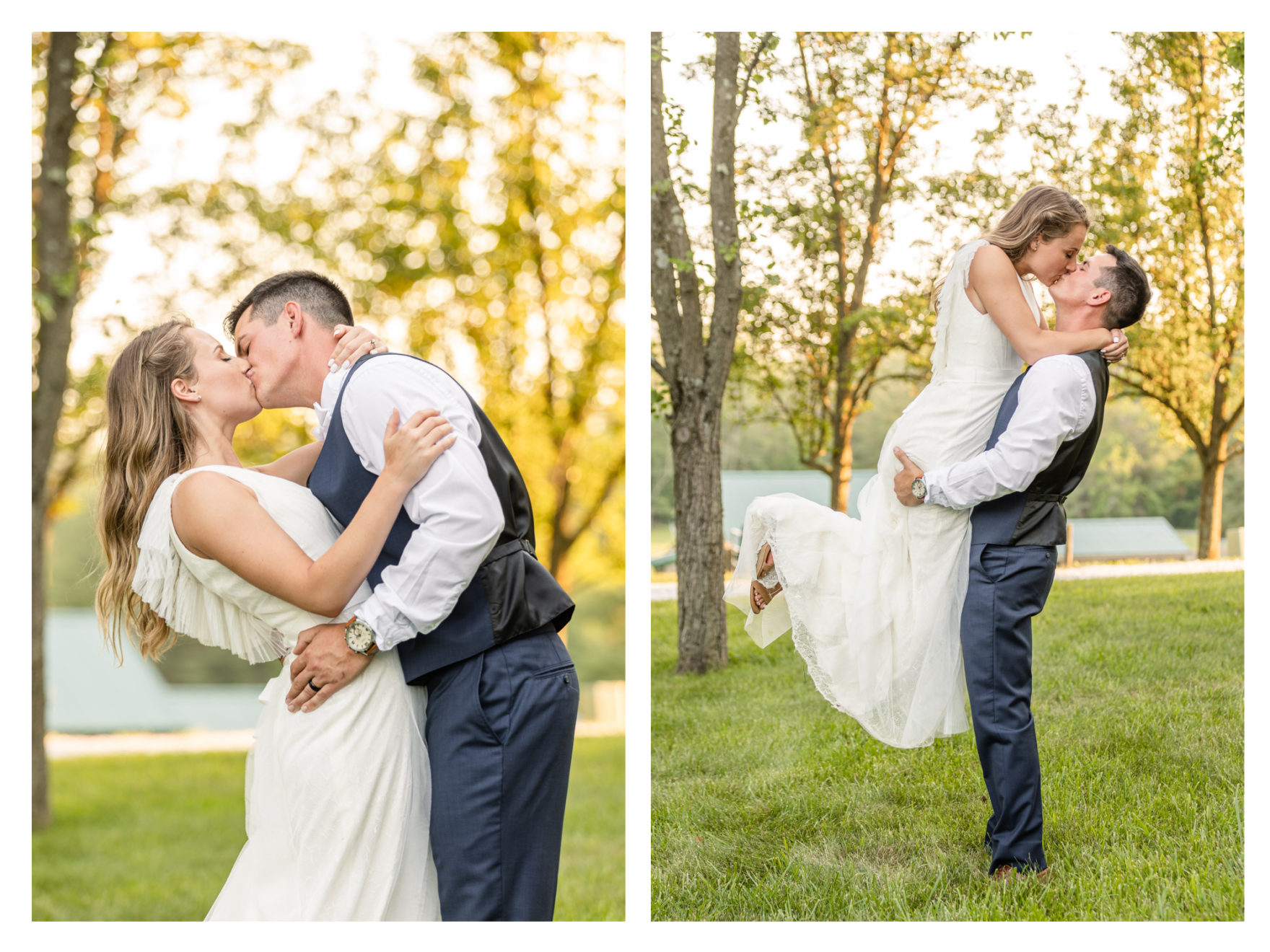 Summer wedding at a private residence farm in Westminster Carroll County Maryland. Cicadas, cows and dogs at the wedding. Pond view bride and groom