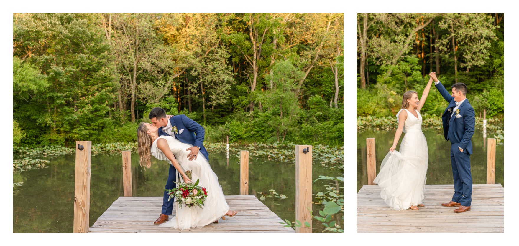 Summer wedding at a private residence farm in Westminster Carroll County Maryland. Cicadas, cows and dogs at the wedding. Pond view bride and groom