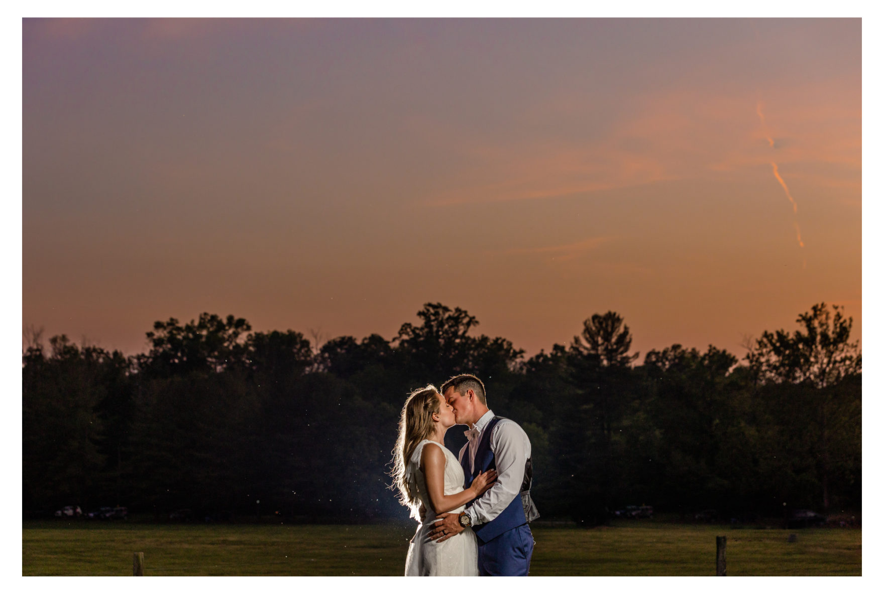 Summer wedding at a private residence farm in Westminster Carroll County Maryland. Cicadas, cows and dogs at the wedding. Pond view Sunset photo