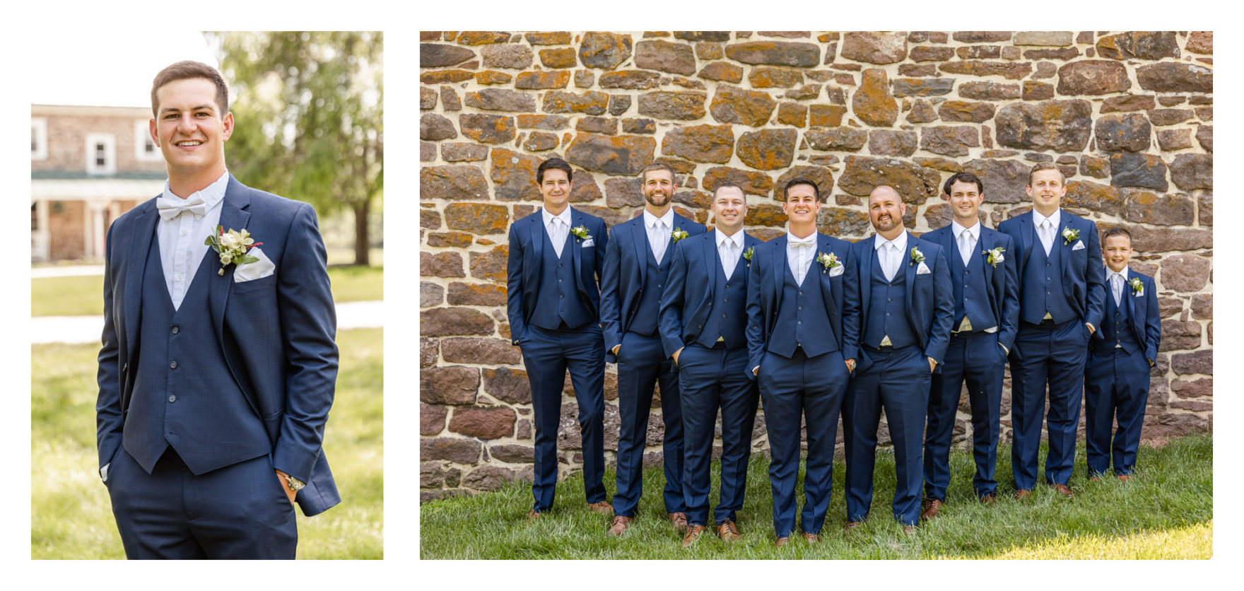 Summer wedding at a private residence farm in Westminster Carroll County Maryland. Cicadas, cows and dogs at the wedding. Pond view groom and groomsmen portraits