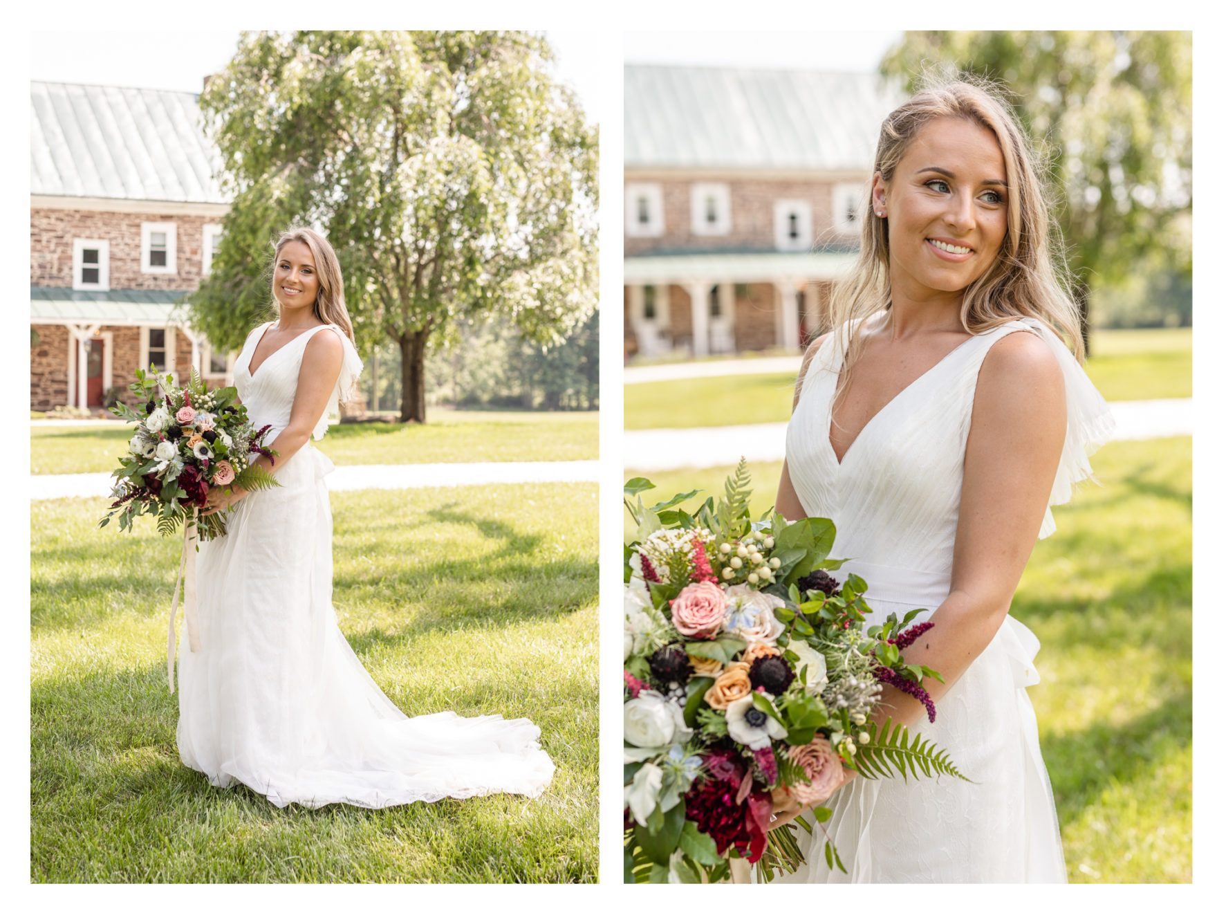 Summer wedding at a private residence farm in Westminster Carroll County Maryland. Cicadas, cows and dogs at the wedding. Pond view bride portraits