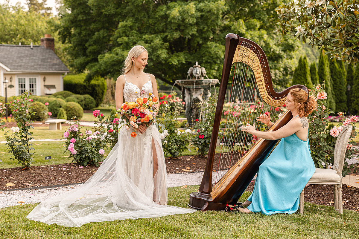 Antrim Wedding with Harpist. Harp playing in rose garden. Harpist with bride, harpist in a rose garden, Antrim 1844 wedding, Antrim 1844 wedding ceremony, Ceremony musician, Summer wedding, maryland wedding, frederick wedding photographer, carroll county wedding, best maryland wedding photographer