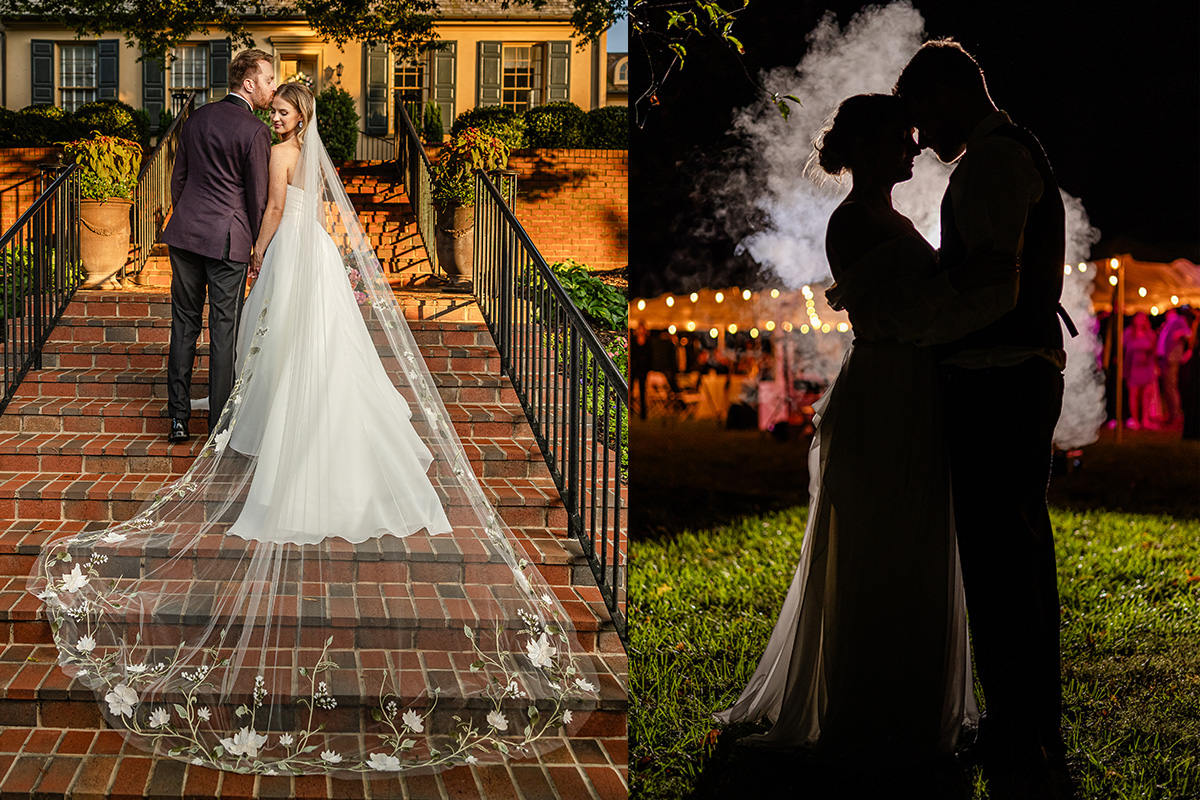 Belmont Manor Wedding, Carroll County Wedding, Bride and Groom, Veil photography, Embroidered veil, bride and groom staircase photo, night photography, smokey bride and groom portrait, night wedding portrait. best maryland wedding photographer, frederick wedding photographer