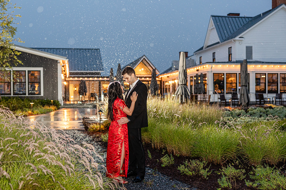 Crossvines Wedding Venue Rainy Wedding Rain Wedding Portrait Rain Night Photo, Cheongsam Wedding dress, interracial wedding, Asian Wedding, 