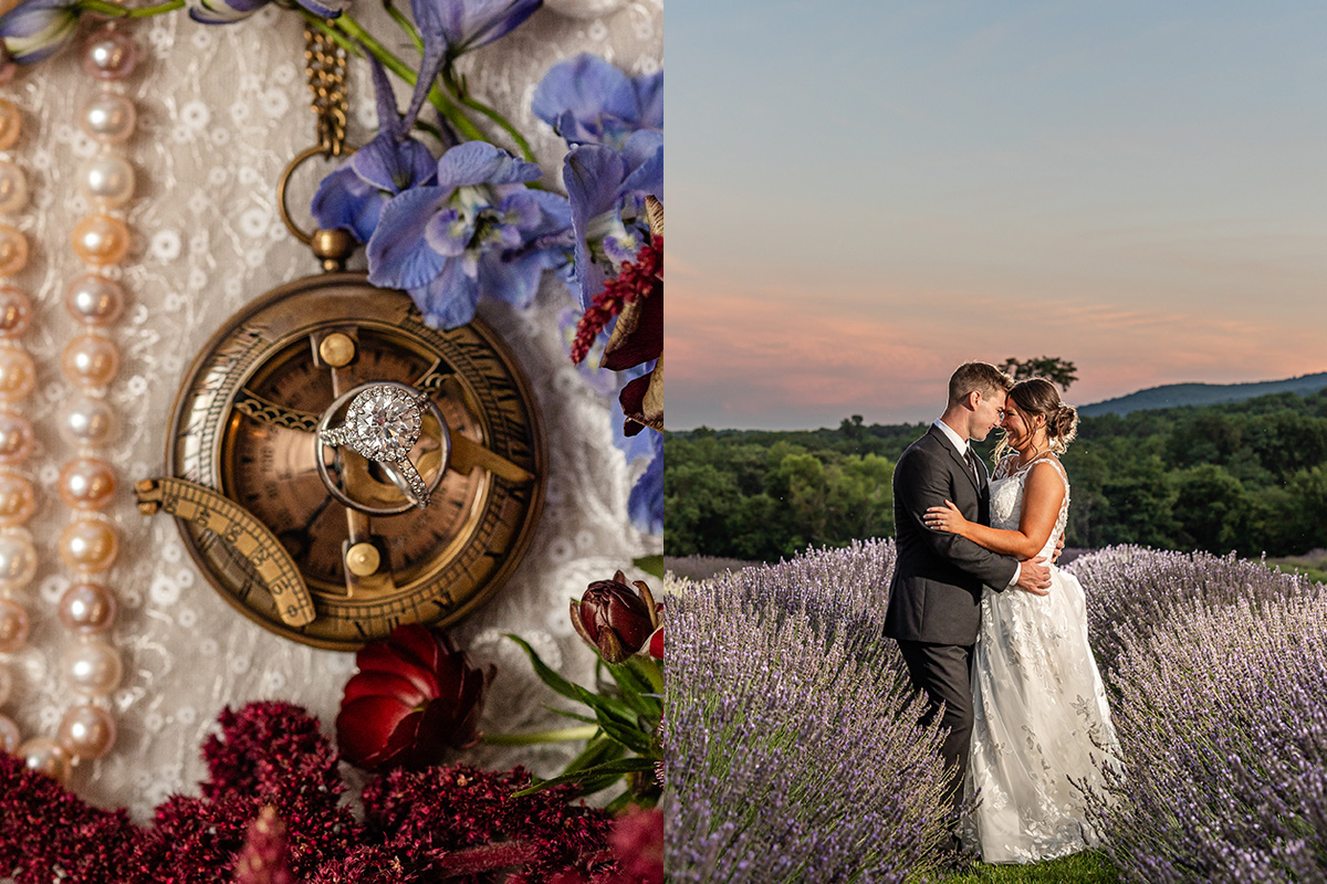 Springfield Manor Winery Wedding. Antrim 1844 Wedding. Lavender Field. Lavender Wedding Portraits. Ring shot, wedding ring photo, Picket Watch, bouquet, Mayland wedding, Frederick wedding photographer, Carroll County Wedding. 